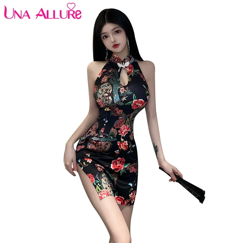 

Chinese cheongsam Floral Printed Sexy Nightdress For Women Mini Sleepwear Sleeveless Short Pleated Nightgown Erotic Lingerie
