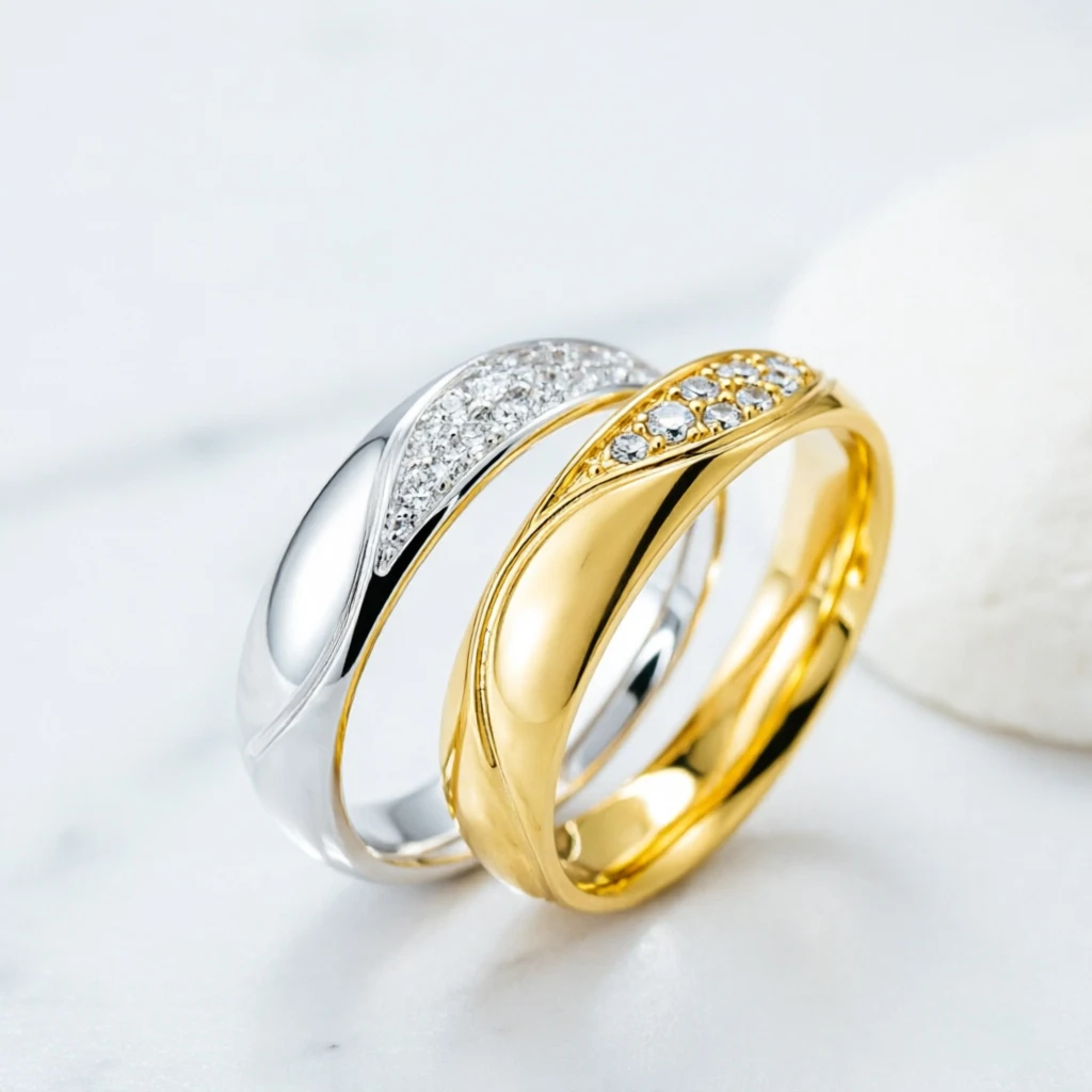 Moderner Edelstahlring mit CZ-Steinen, 5mm breiter Band, 18K vergoldet, Silber, langlebig, hypoallergen, Ehering für Paare