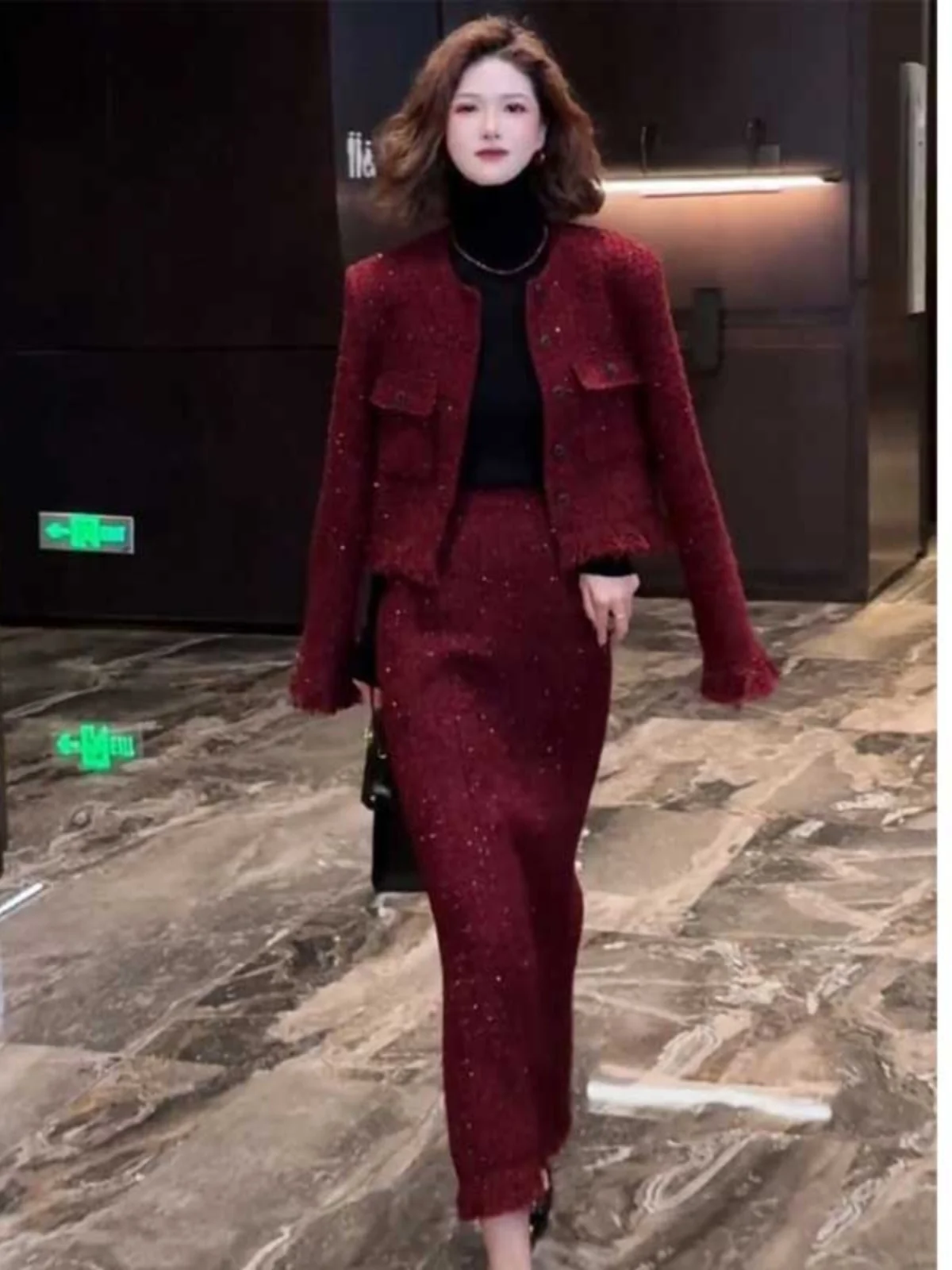 Fashionable Halloween Outfit Women's Two-Piece Set Spicy Red Style Korean Fashion Long Sleeve Button up Polyester Fabric