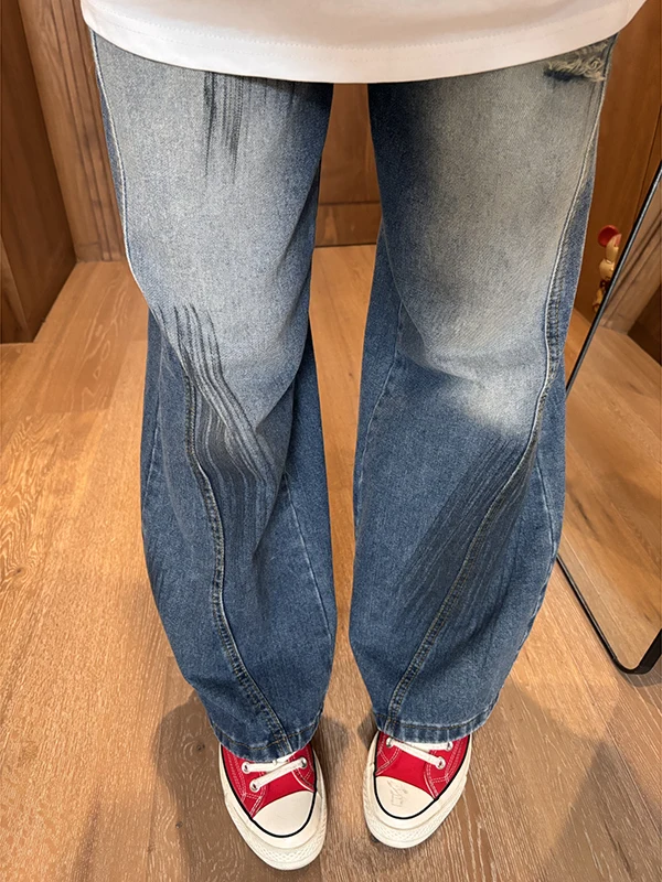 

Ripped Distred Patchwork Straight Leg American Vibe Jeans Men's High Street Cool Micro Flared Long Trousers