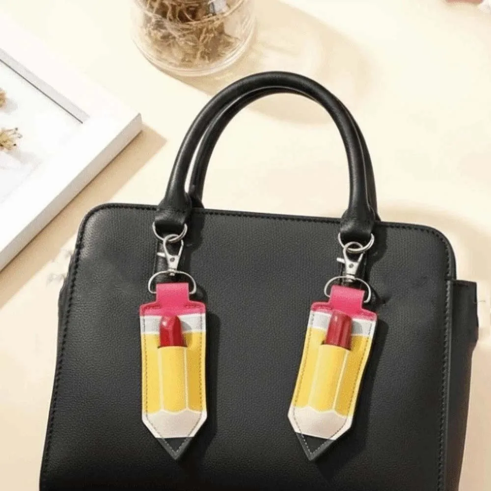 Pencil Shape Chapstick Key Chain Pouch PU Leather Metal Lip Salve Sleeve Pendant Elastic Slot Lightweight Pencil Shape Key Ring