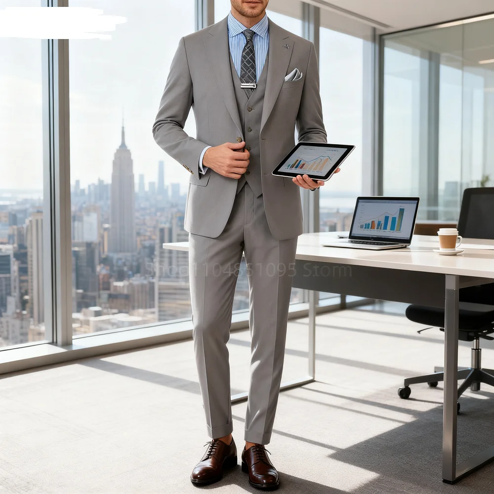 

Slim Fit Suits for Men, 2 Buttons, 3 Pieces, Jacket, Vest, Pants, High Quality, Business Wedding Clothing, Blazer Sets