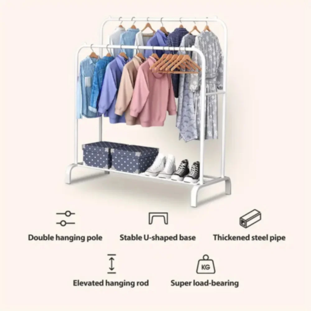 Multifunctional coat  clothing double rod hanger with shelf freestanding White