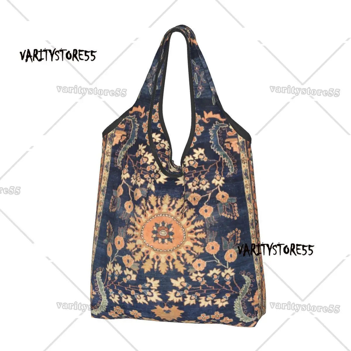 

Boho Sarouk Persian Floral Rug Grocery Shopping Bags Shopper Tote Shoulder Bags Large Portable Floral Vintage Ethnic Handbag