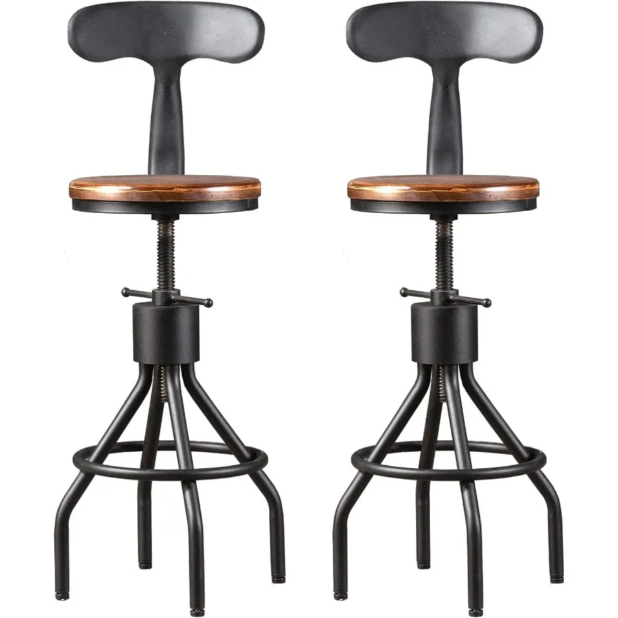Conjunto de 2 bancos de bar rústicos industriais com altura ajustável de 24 a 30 polegadas, base giratória de metal e balcão superior de madeira e