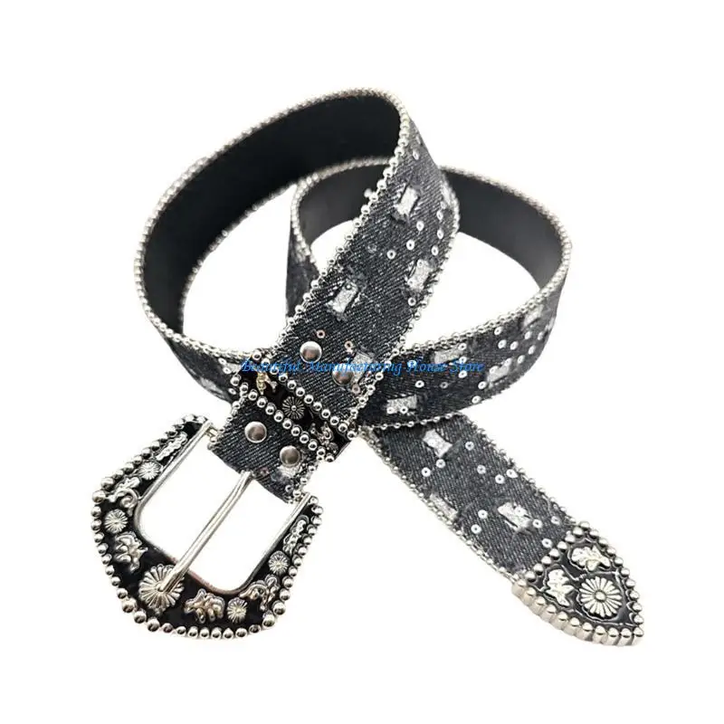 

E56A Stylish Waist Belts for Jeans Pants Heavy Sequins Buckle Belt Bandsman