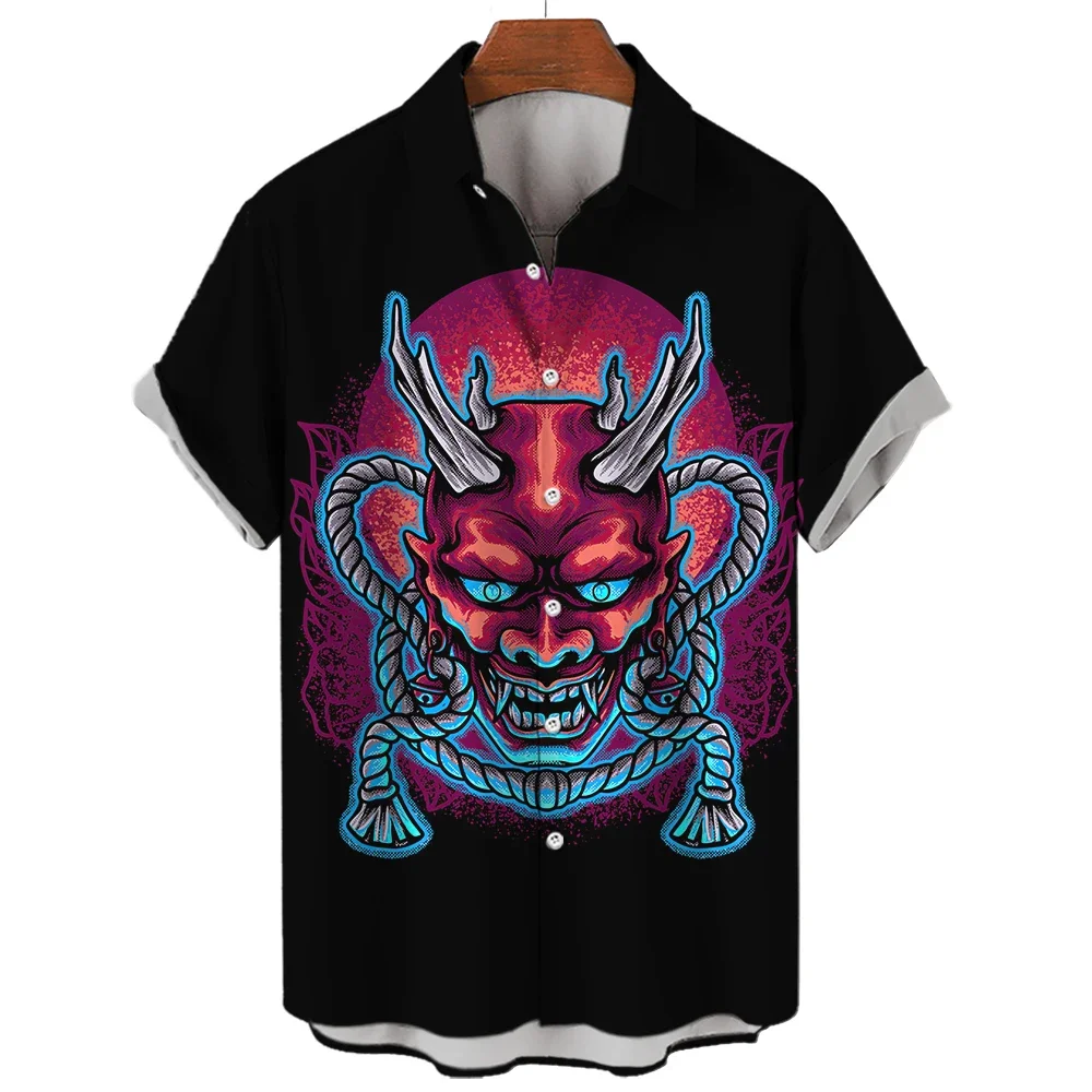 Devil print Hawaiian men's shirt 3D printed Japanese element lapel cardigan short-sleeved top Men's plus size shirt