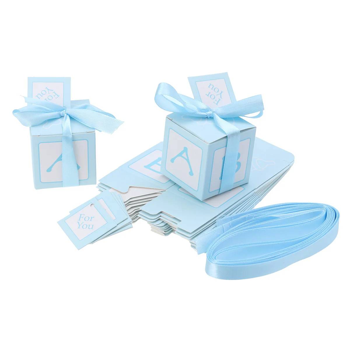 

12pcs Wedding Baby Shower Candy Boxes Printed Boxes with Stitched Ribbon and Cards Decent Chocolate Treat Boxes(Blue)