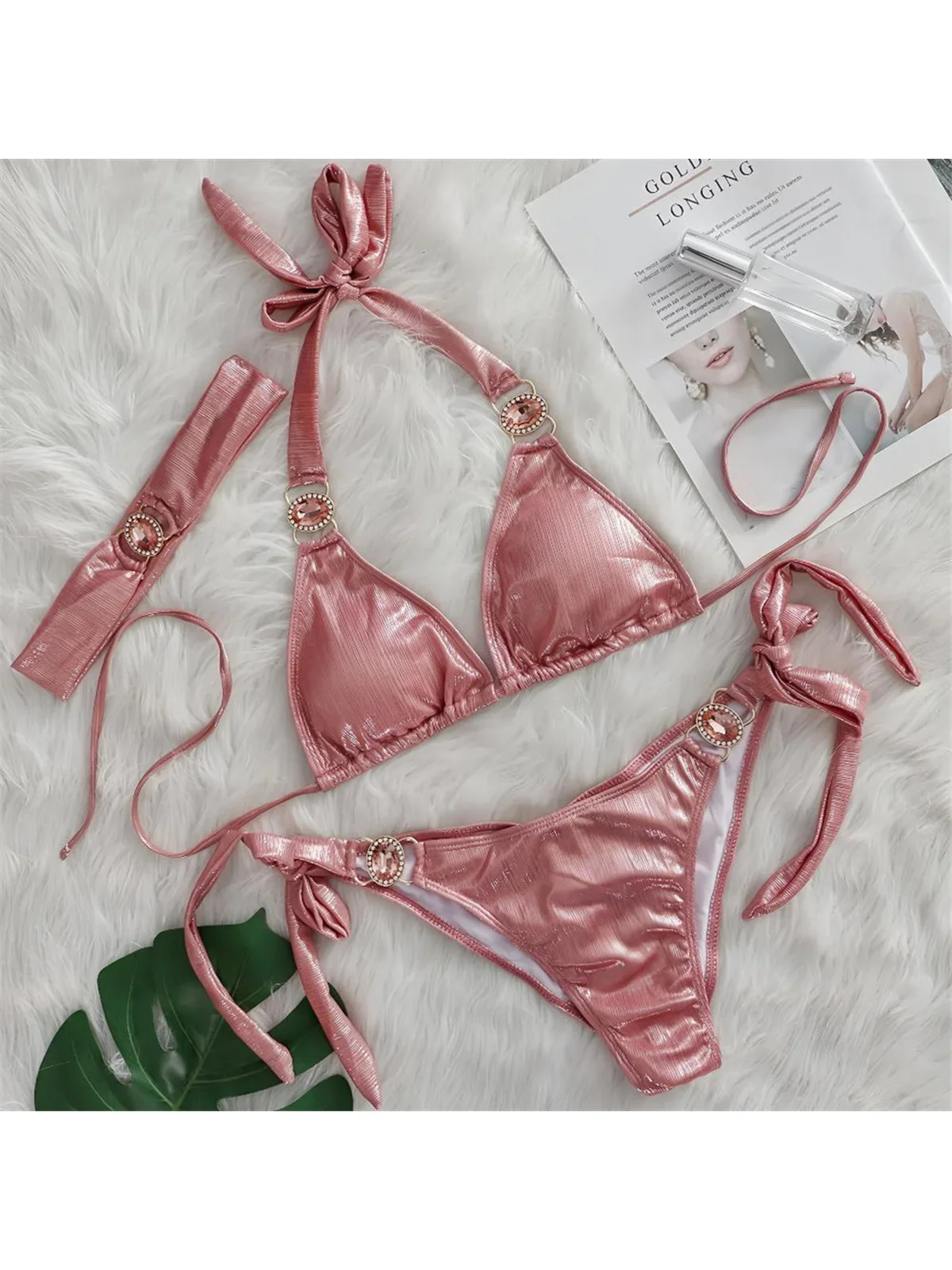 With Headband Halter Scrunch Butt Bikini Female Swimsuit Women Swimwear Three-pieces Bikini set Bather Bathing Suit Swim K6188