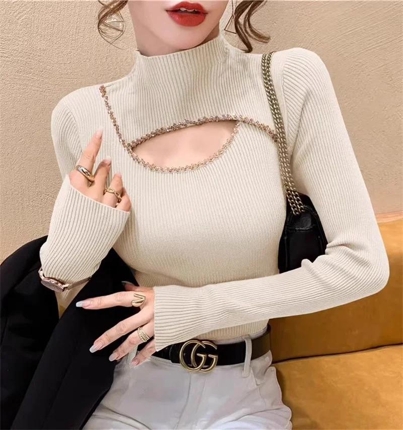 Half High Neckline Slim Fit Sweater For Women Spring And Autumn New Fashionable Sexy Studded Hollow Knit Base Sweater Female Top