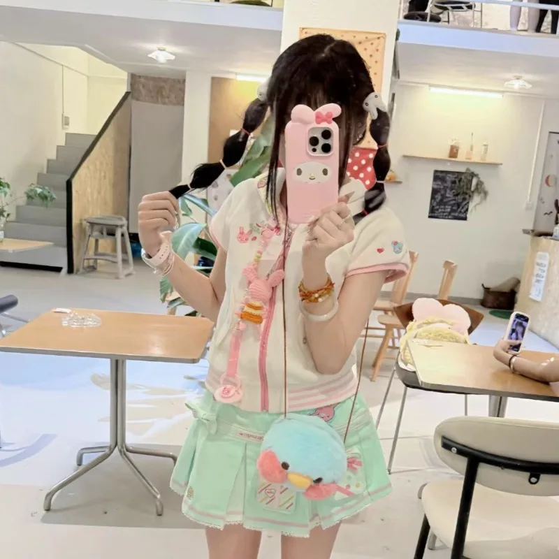 

Japanese Cute Cartoon Rabbit Print Hooded T-shirt Harajuku Kawaii Striped Patchwork Tees Women's Y2k Aesthetic Casual Sweet Tops