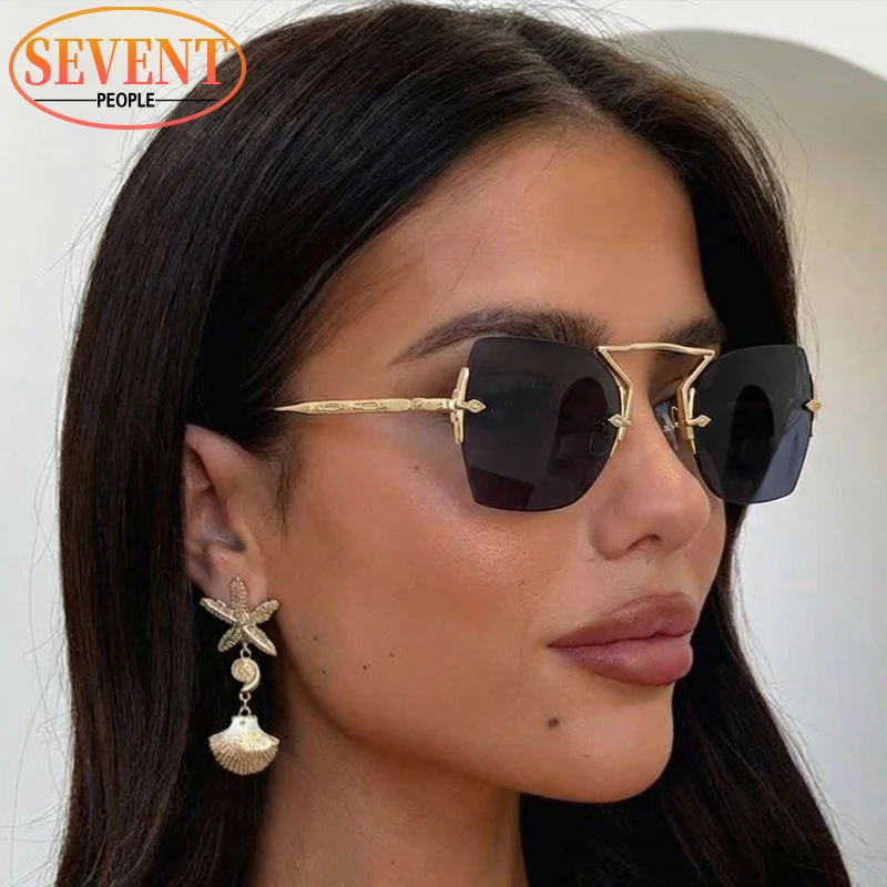 

Vintage Square Rimless Punk Sunglasses Women 2025 Luxury Brand Trendy Metal Frame Polygon Steampunk Sun Glasses For Ladies UV400