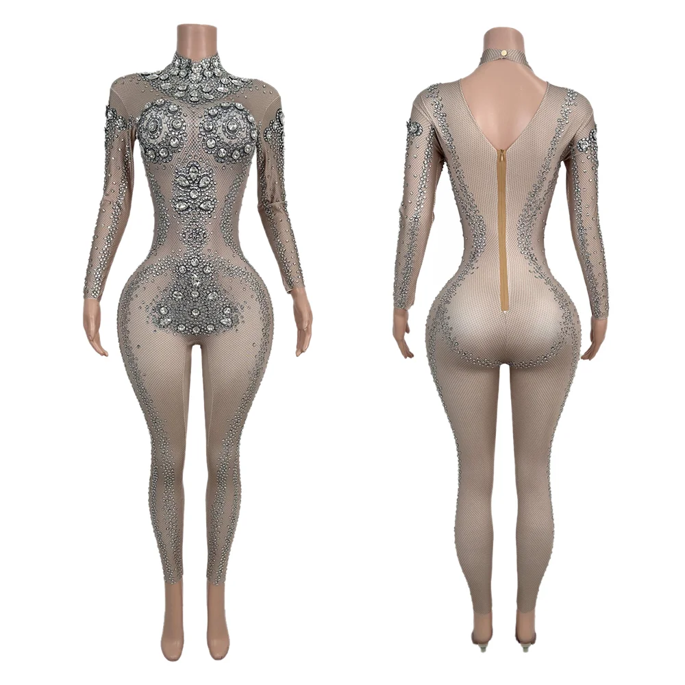 

Luxury Spandex Rhinestone Crystal Bodycon Jumpsuits Women Dance Leotard Drag Show Stage Performance Bodysuits Party Rompers