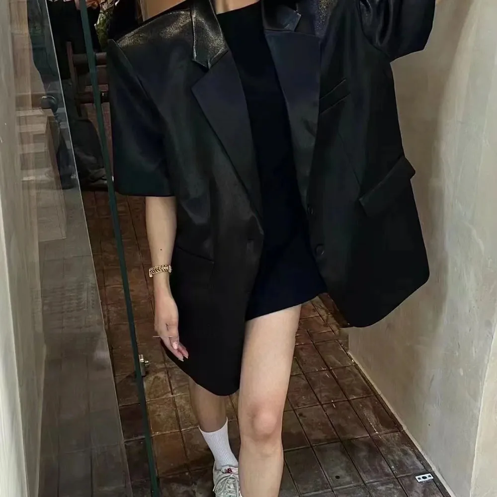 Korean Style New Arrival Satin Suit Jacket for Women Vintage Pad Shoulder Short Sleeve Office Lady Coat Fashion Female Blazers