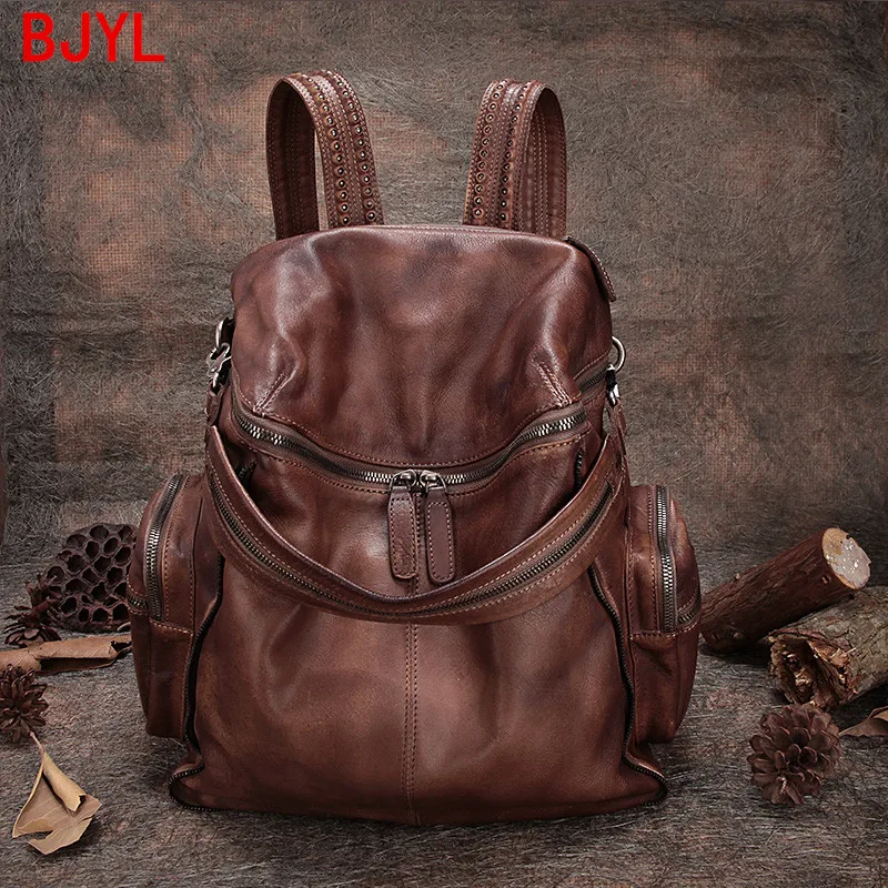 Leather Women Backpack Female Large-capacity Leather Rivet Travel Backpacks Ladies Schoolbag New European and American Vintage