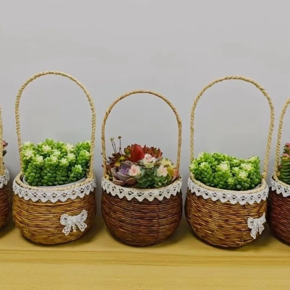 with Handle Imitation Rattan Handhold Household Handwoven Braid Storage Baskets 2 Colors Living Room Decoration