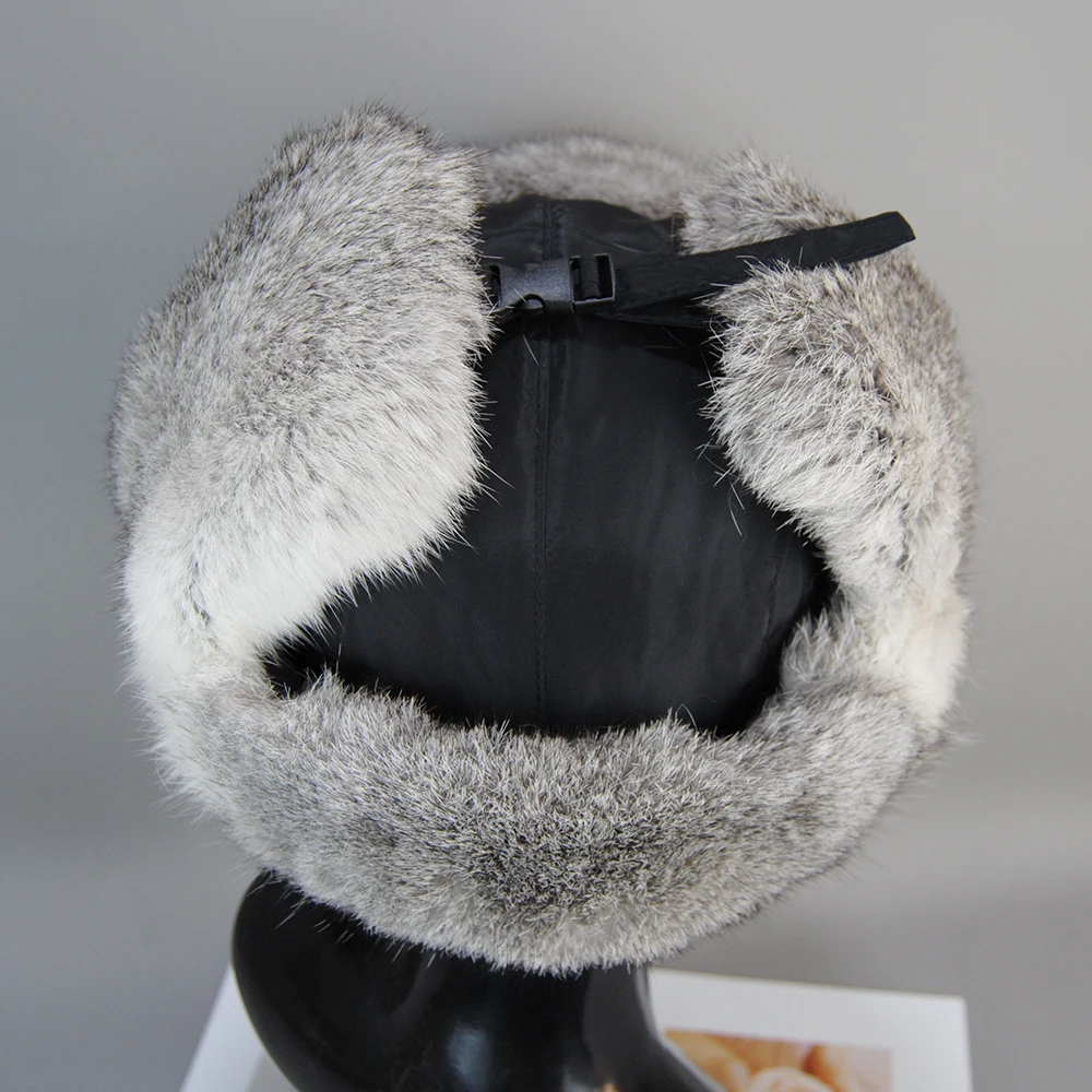 Men Winter Real Fur Hat Unisex 100% Natural Warm Genuine Rabbit Fur Bomber Hats Women Outdoor Real Rabbit Fur Ear Protection Cap