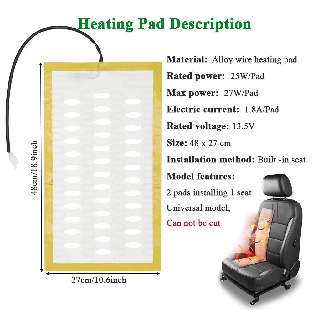 Universal 12V Built-in Car Seat Heater Set Fit 2 Seats With 25W Alloy Wire Heating Heat Pads 3-Levels Square Dual Control Switch