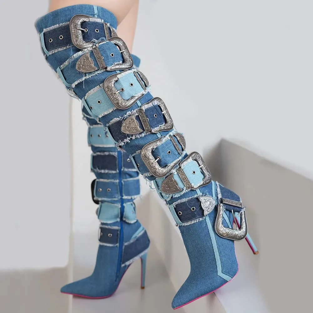 

Custom Metal Belt Buckles Women Over Knee High Boots Slim Heels Denim Long Booties Sexy Punk Blue Stiletto Dress Shoes