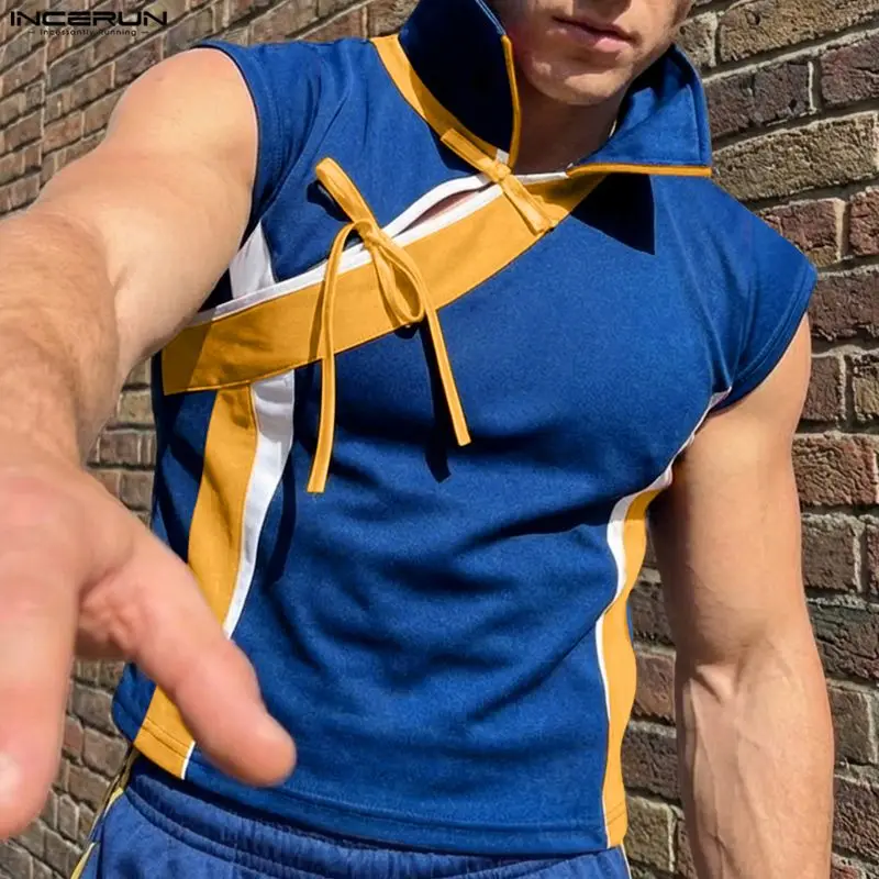 INCERUN Herren-Tanktops, Patchwork, Farbblock, Revers, ärmellos, Herrenkleidung, Sommer, Streetwear, 2026, Schnürung, ausgehöhlte Oberteile für Herren