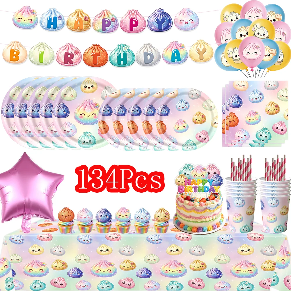 Squishy Dumpling Geburtstagsparty-Dekorationsset Einweg-Tischgeschirr Becher Teller Serviette Geschenktüte Banner Hintergrund Kinderparty-Zubehör – Detail 4