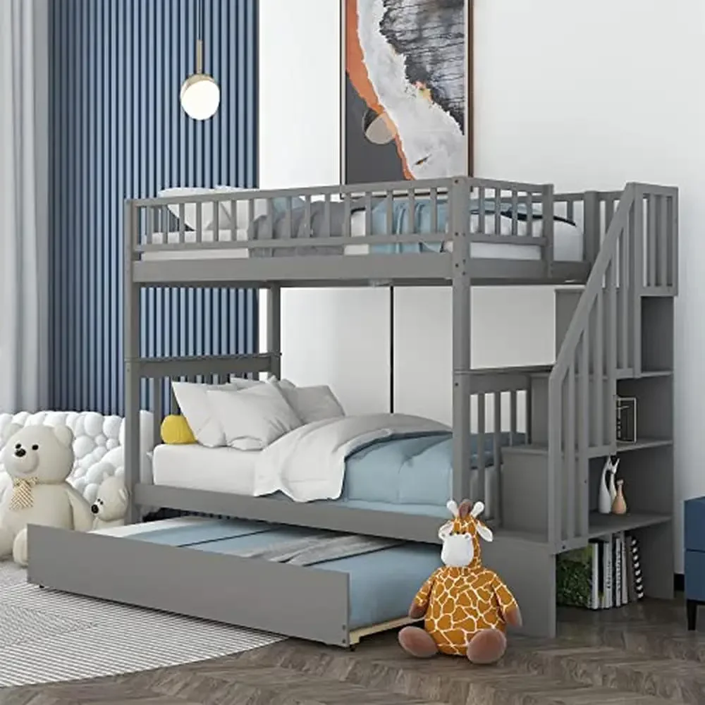 Twin Over Twin Bunk Beds with Trundle Storage Shelf Stairway Modern Design Sturdy Built Pine Wood MDF Board Grey Finish For