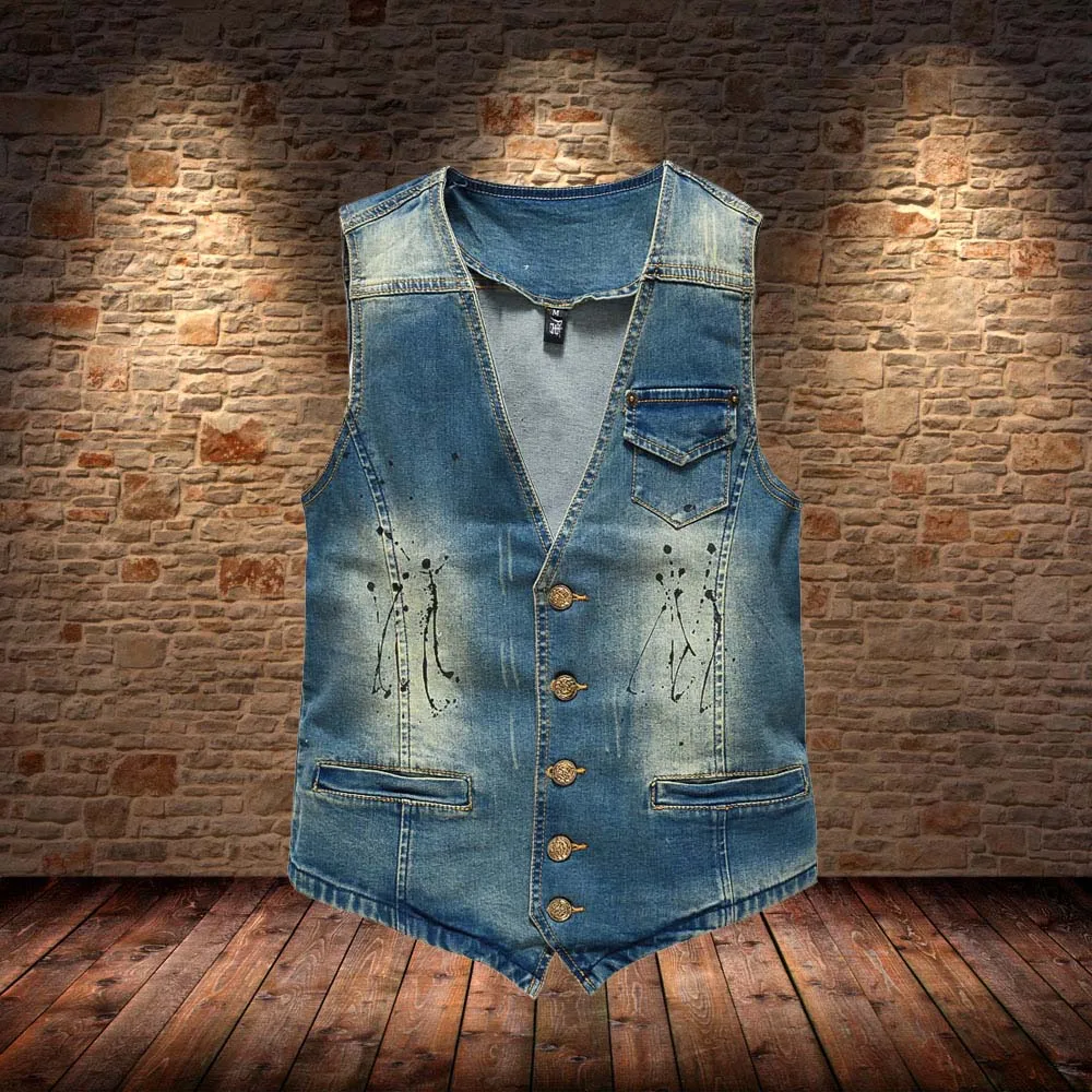 FALIZA Casual Mens Denim Vests Sleeveless Pocket Jeans Jacket Waistcoats Gilet Tank West Cowboy Hip Hop Old-fashioned Streetwear