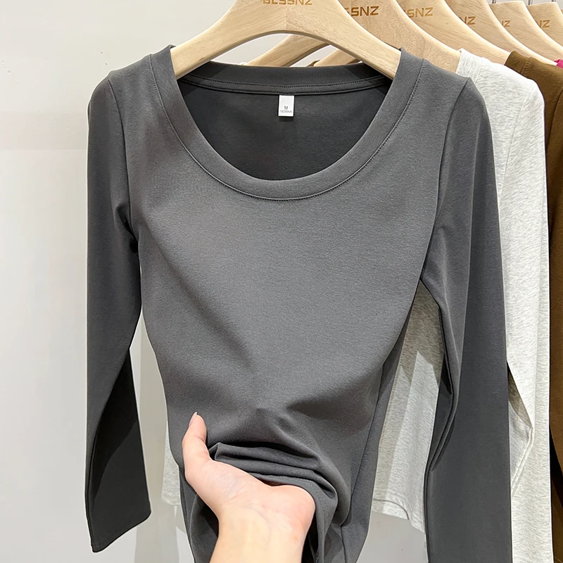 2026 Damen T-Shirt Frühling Herbst Slim Fit Langarm O-Ausschnitt Basic-Oberteil Koreanischer Stil Einfache Basisschicht-Oberteile
