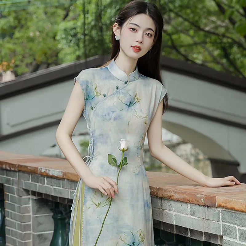 Classical Elegant Female Long Qipao Traditional Chinese Print Flower Dress Clothing Vintgae Mandarin Collar Champagne Vestidos