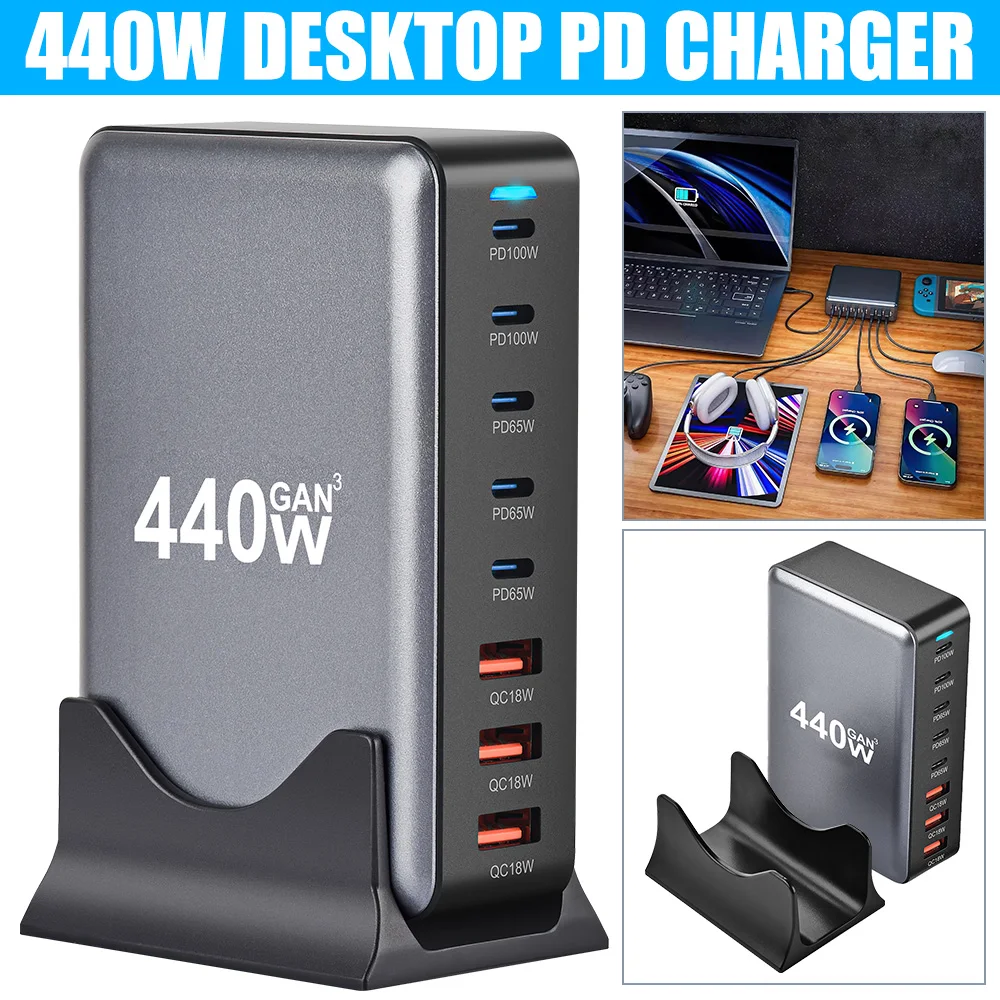 440W Fast Charging Station 5 USB-C 3 USB-A Multi Ports Quick Charger Power Adapter for Tablet MacBook Smart Phone Huawei Samsung