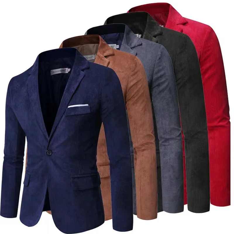 Korean Fashion Corduroy Blazer Men Casual Turn Down Collar Slim-fitting Button Suit Jacket Comfy Coat for Office Blazer For Men