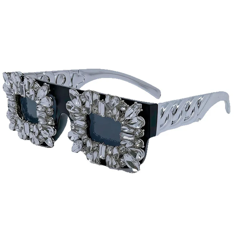 Exaggerated Bling Rhinestone Square Glasses Women Luxury Silver Chain Leg Statement Eyewear For Party Nightclub Rave Festival view 6