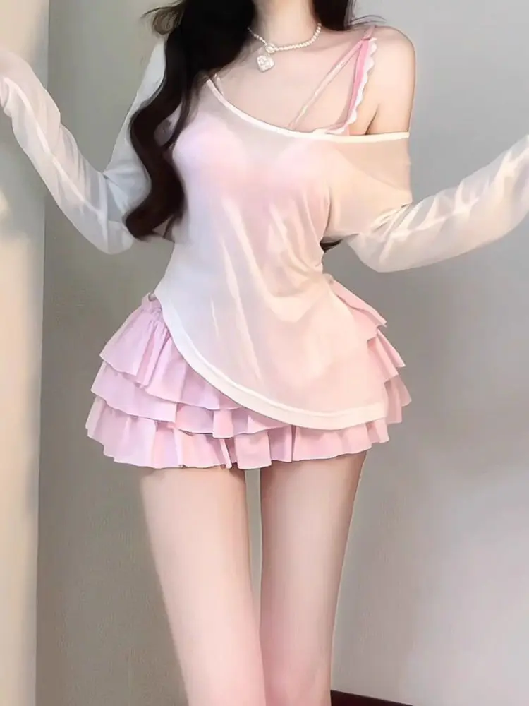 

Летний комплект с юбкой-тортом Long Sve, женский модный солнцезащитный крем, накидка на ремешке, милый комплект для девочек Dr, весь комплект, розовый, пикантная девушка