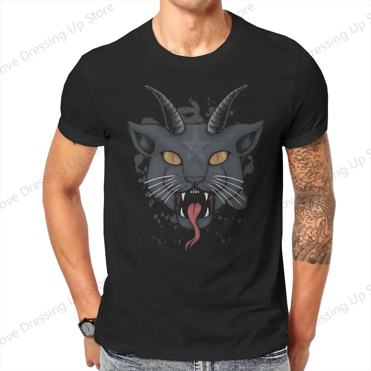 Satanic Black Metal Cat Satanic Feline Tshirt Graphic Men Tops Vintage Grunge Summer COTTON Short Sleeve Harajuku T Shirt