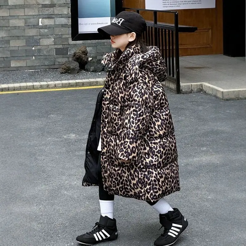 6-14Years Kids Winter Down Cotton Padded Overcoat for Girls leopard print Warm Hooded Jacket Teens Outwer Coat 7 8 9 10 11 12 13
