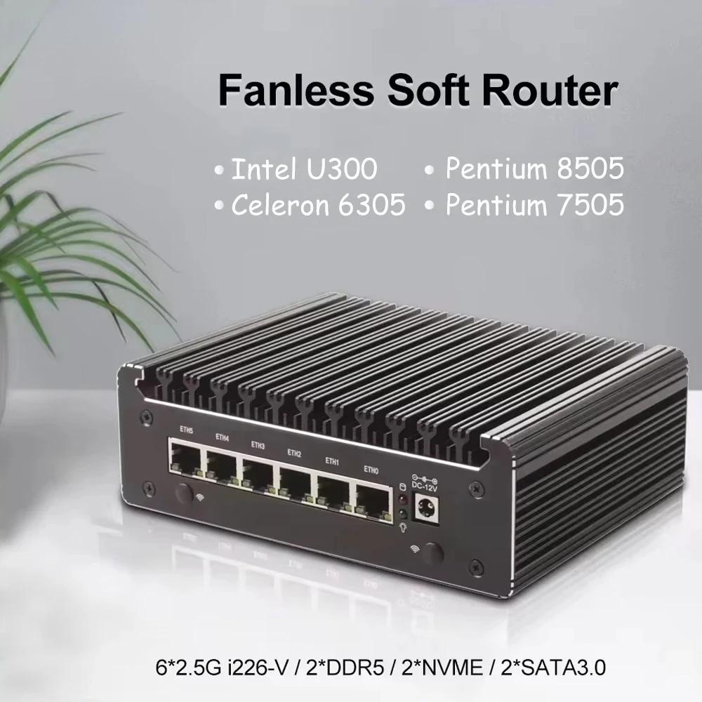 6x i226-V 2.5G Intel U300 Pentium 8505/7505 Server firewall NVMe 1 * COM pfSense OPNsense ESXi Mini PC senza ventola