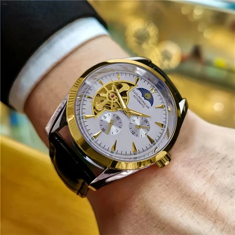 Hot-Selling Men's Mechanical Wristwatch, Classic Business-Casual Dual-Use, Fully Automatic Mechanical Movement with Long-Lasting Stability, Unique Skeleton Flywheel Design, Luminous Hands, Waterproof, Niche Trendy Design, Suitable for Men to Wear to Work, Dates, or Sports, High-Quality Premium Men's Watch, Top-Selling Item Overseas