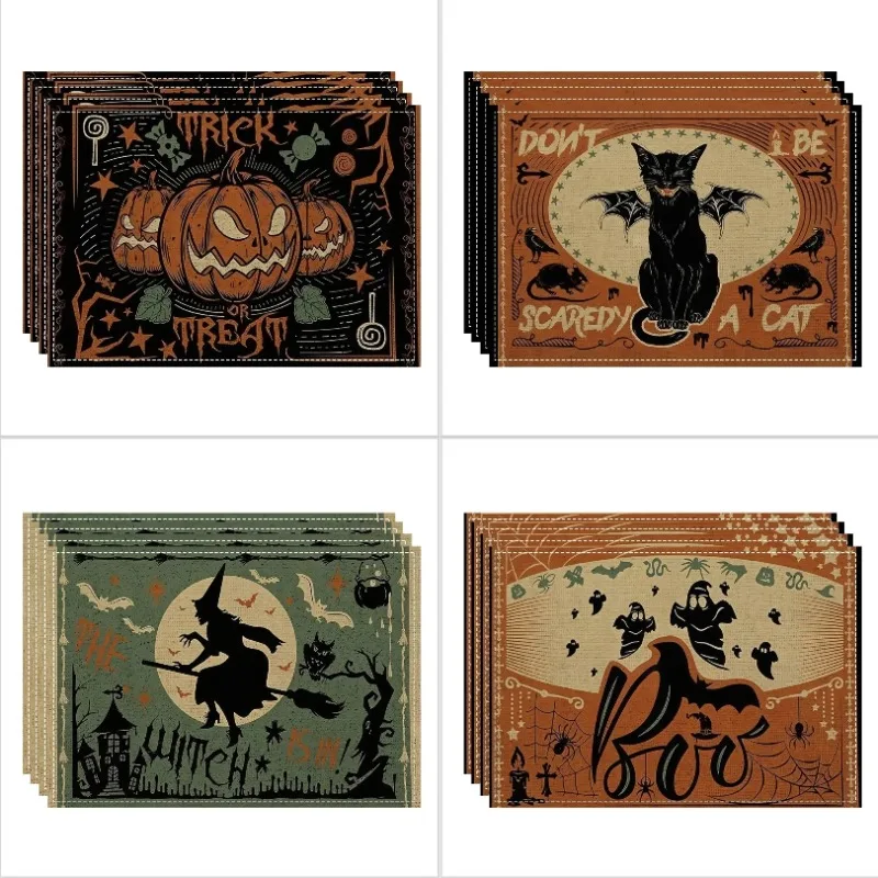 4/6/8 Buah Alas Linen Pesta Horor Halloween Gambar Cetak Seram Tengkorak Labu Hantu Anti-selip untuk Dekorasi Meja Makan Dapur