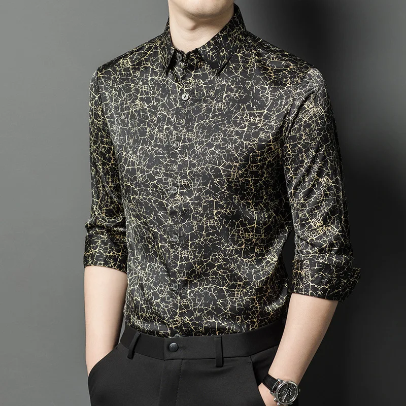 High Quality Men Clothes Spring  Autumn Men Long Sleeve Shirt Silk Flower Shirt Business Casual