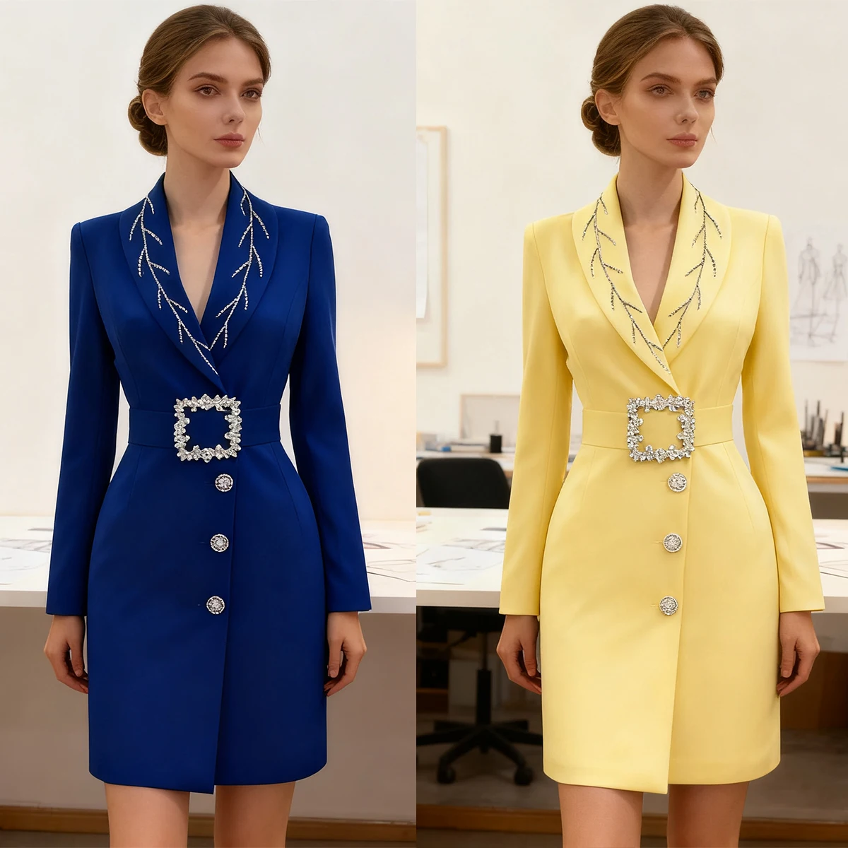 Robe Blazer Vintage à paillettes pour femmes, coupe cintrée, ceinture en cristal, veste de poche, tenue de soirée personnalisée pour dame de bureau