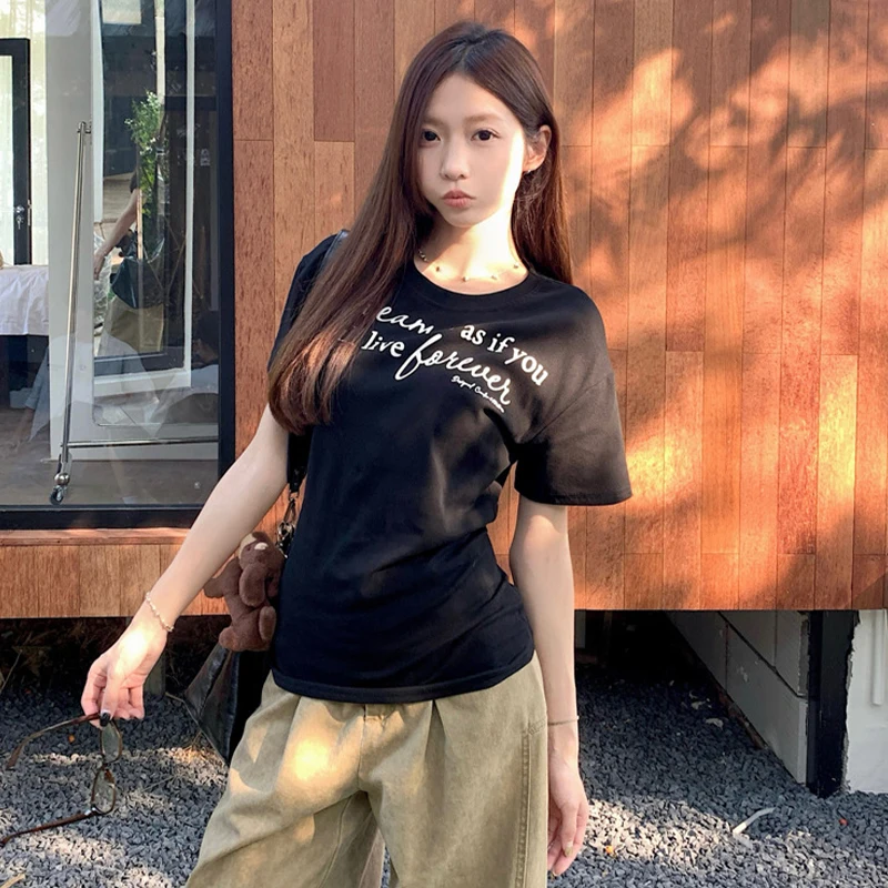 

Летняя женская модная повседневная тонкая футболка с круглым вырезом и коротким рукавом с буквенным принтом