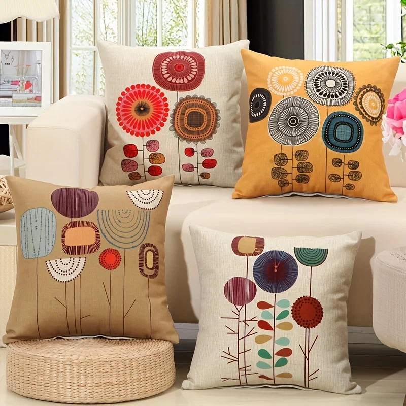 

4Pcs Retro Abstract Throw Pillow Covers, Boho Floral Cushion Cases with Geometric Flower Designs for Bedroom Sofa Couch Home