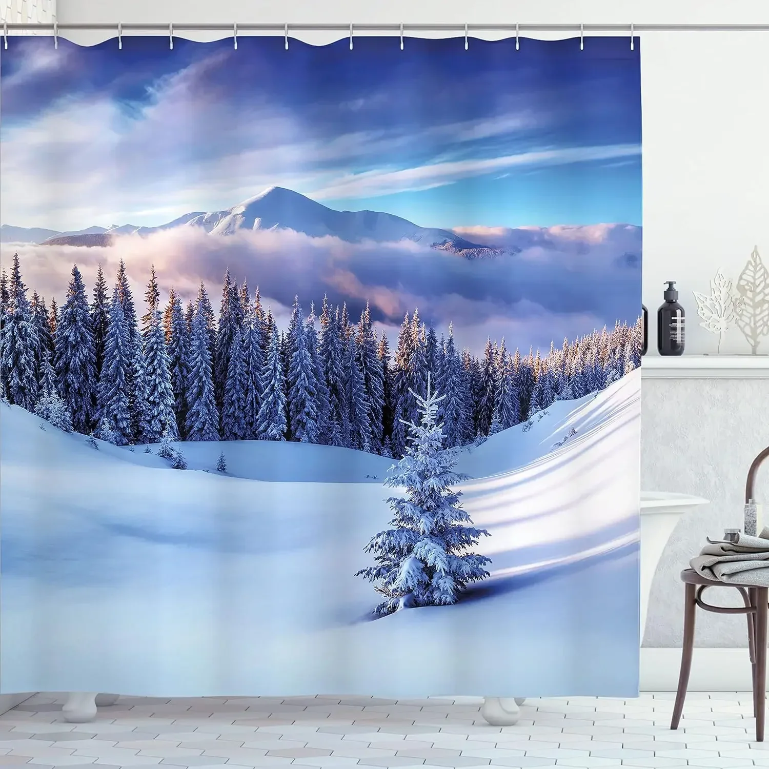 Winter Forest Shower Curtains Snow-covered Pine Alpine Peaks Idyllic Early Morning Scenery Seasonal Christmas Elk Bathroom Decor