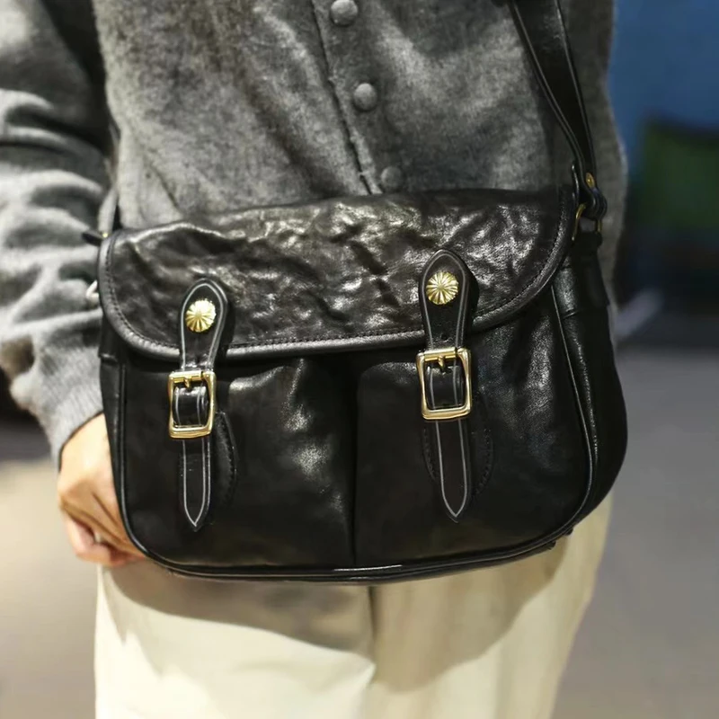 

Vintage designer handmade first layer cowhide ladies shoulder bag travel luxury genuine leather women's black messenger bag