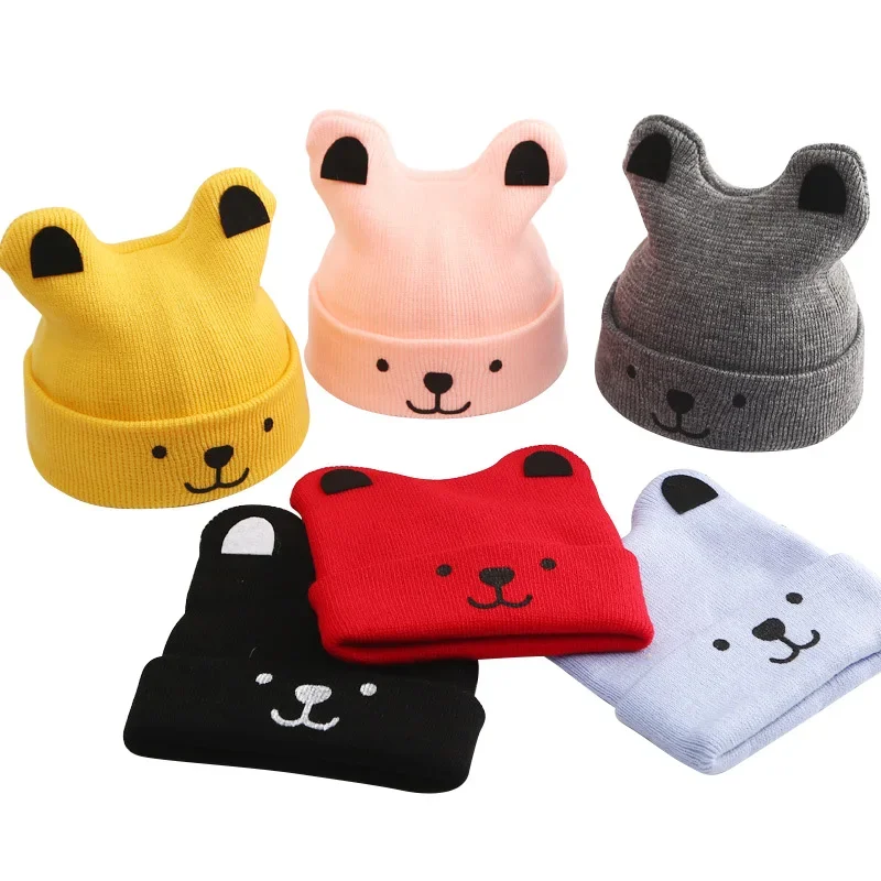 2024 Newborn Baby Knitted Hat Autumn Winter Warm Cap Cartoon Cute Bear Infant Beanie Solid Color Toddler Boys Girls Hats 0-12M