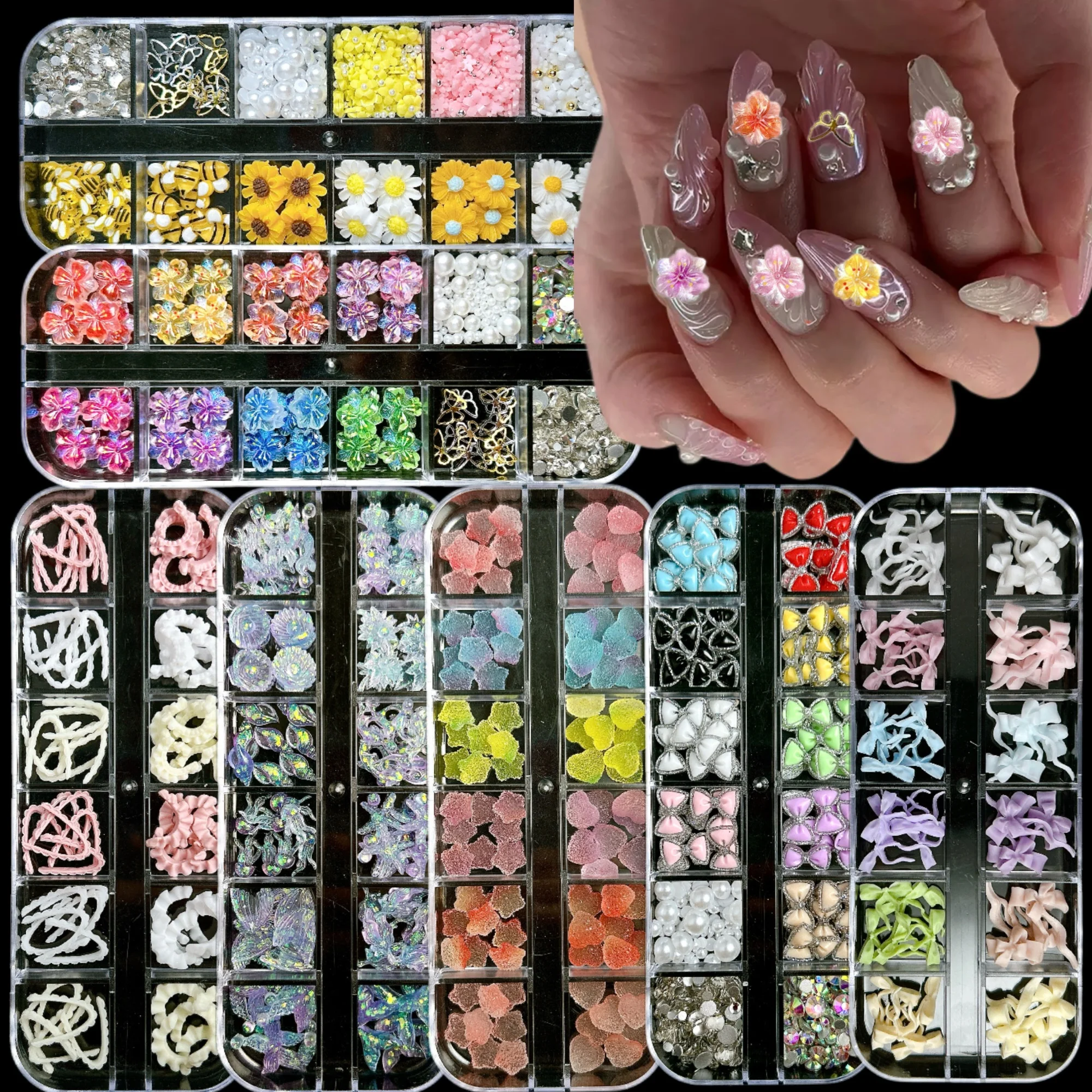 

1Box Multiple Style Colorful Lace Bows Dragonfly Resin Nail Charms Dreamy Shell Fishtail Flower Nail Art Decorations DIY Nails