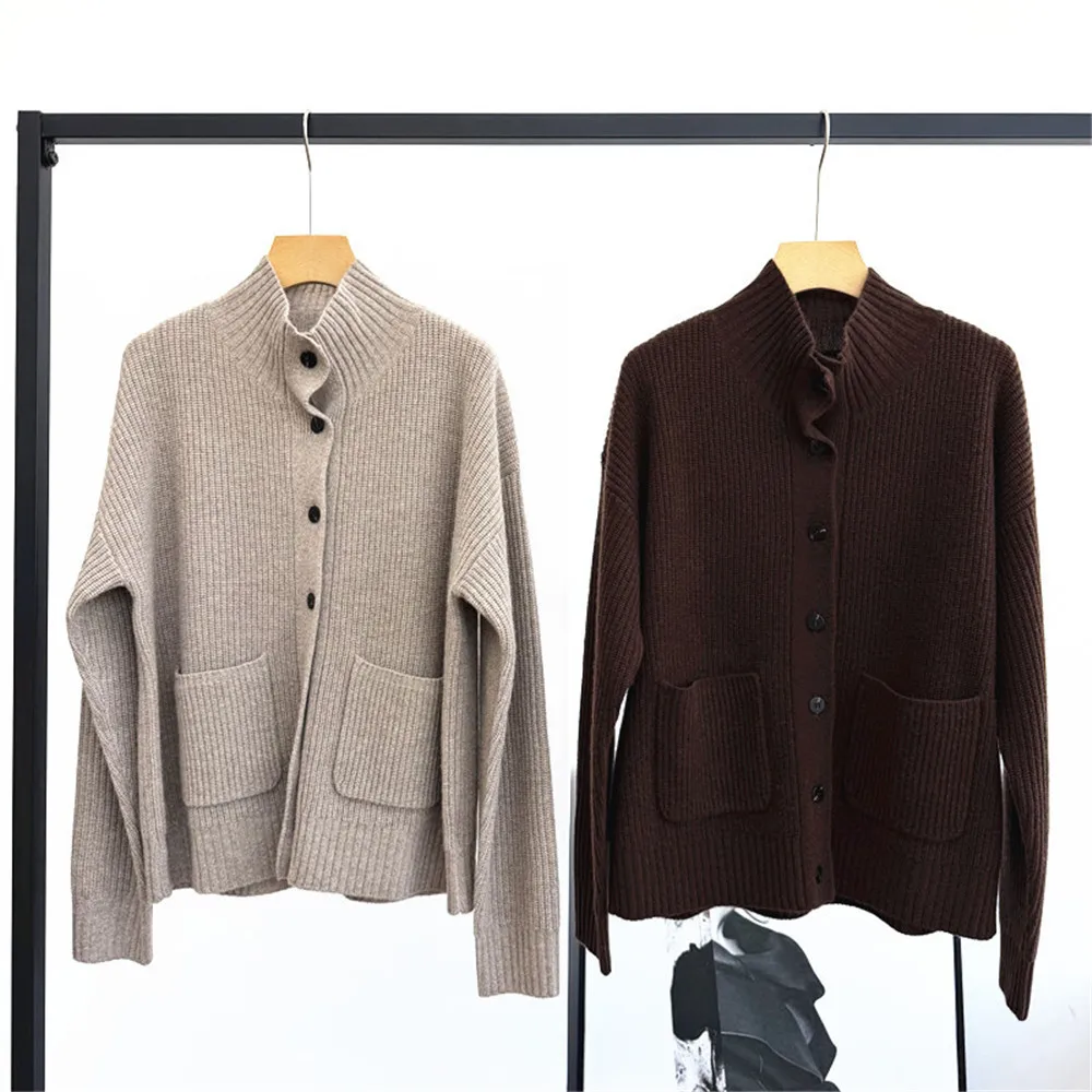 

25 Autumn/Winter New Women's Standing Collar Single Breasted Loose Cashmere Knitted Cardigan Jacket