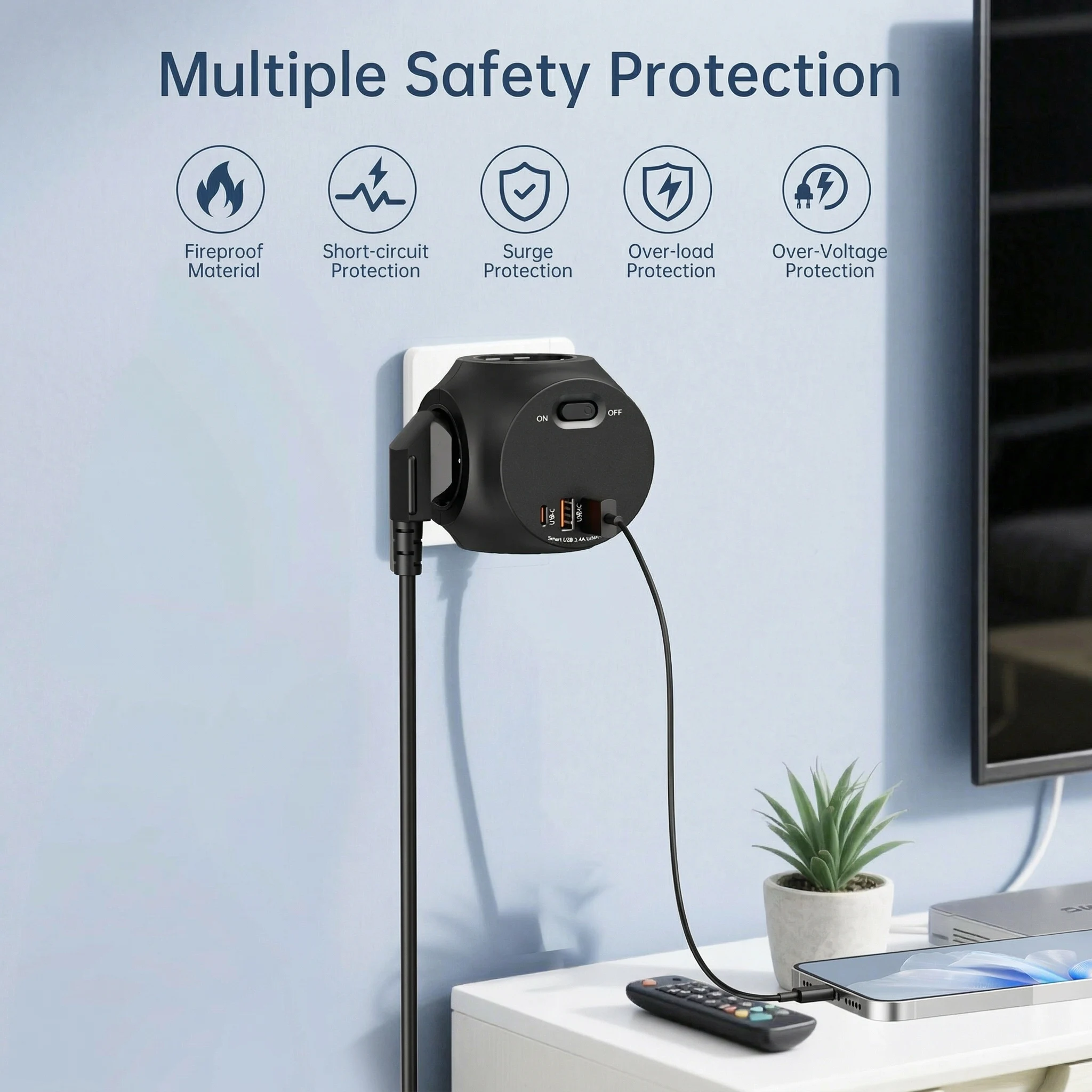 4000W EU Plug Power Strip, 4AC Standard Outlets, 2USB-A+2USB-C Fast Charging Ports, Suitable for Bedroom, Office, Living Room, D