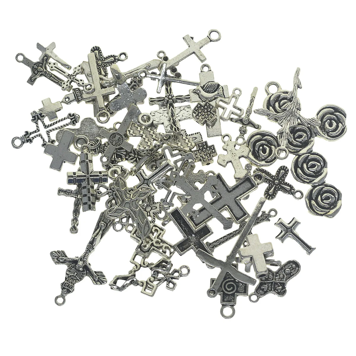 50pcs Vintage silver Steam Punk  Filigree Hollow Cross Charms Pendants Mix for Jewelry DIY Expandable Bangle