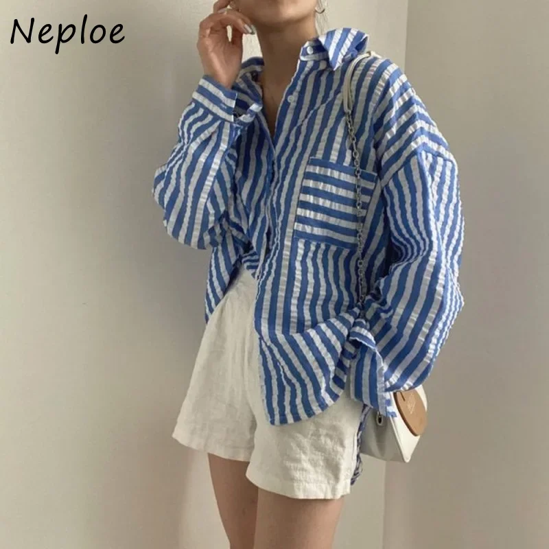 Neploe Korean Chic Fresh Design Sense Blouse Women Single-Breasted Striped Shirt 2024 Autumn Temperament Lapel Collar Blusa